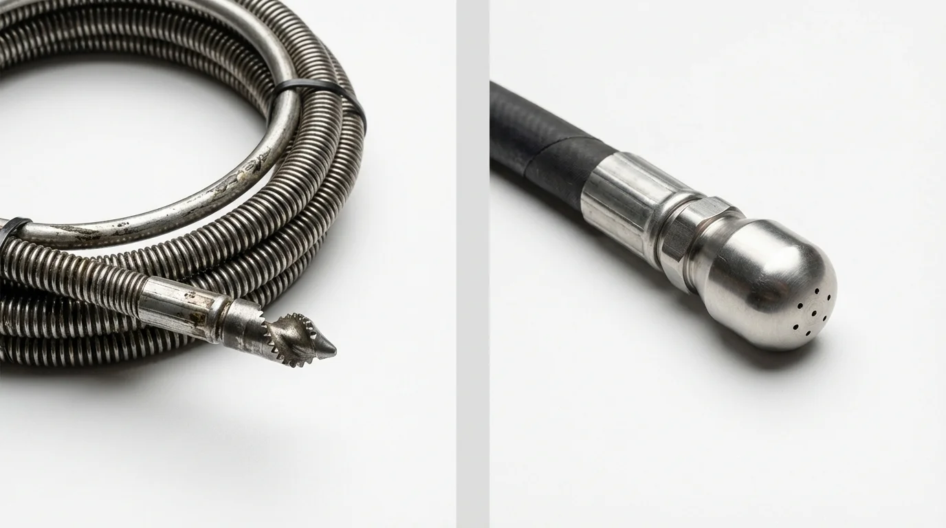 Drain snake cable and hydro jetting nozzle used for drain cleaning in Menifee, CA