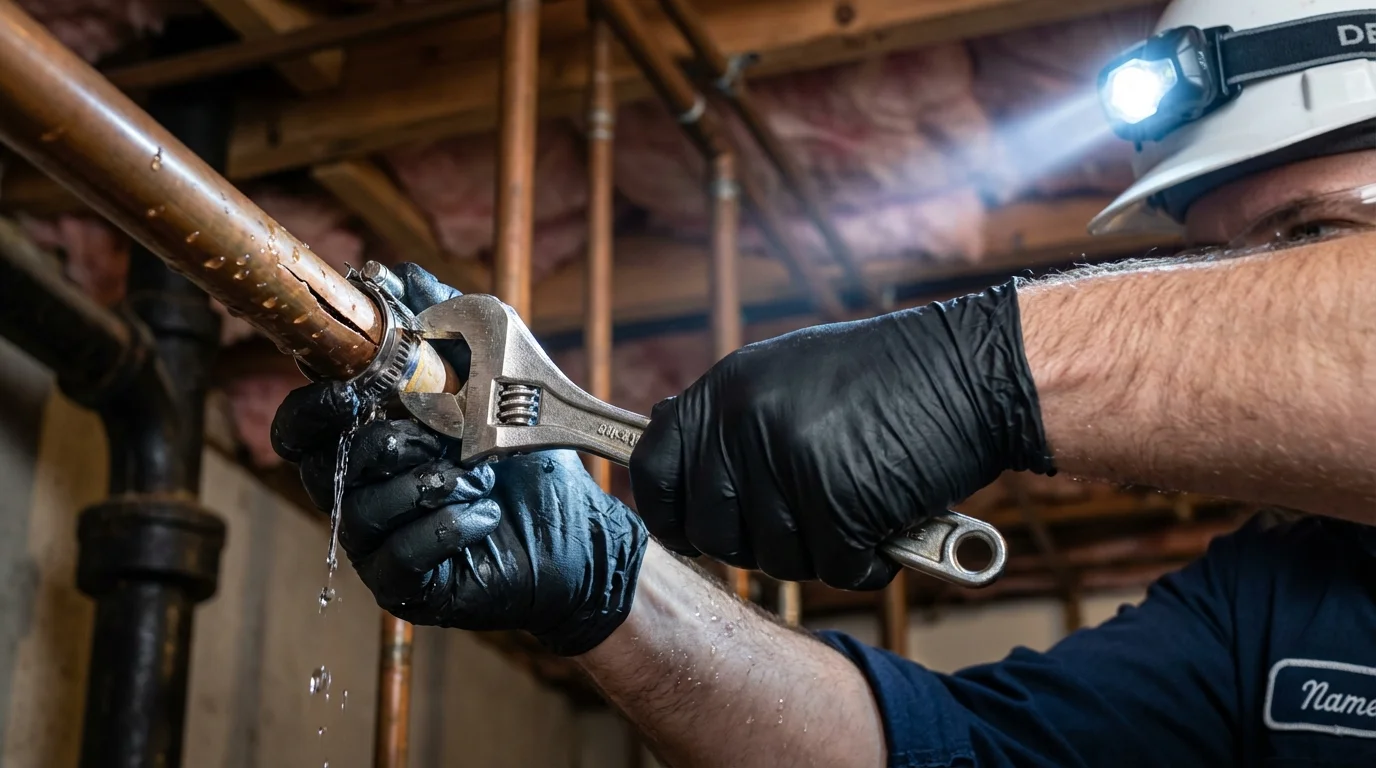 Emergency pipe clamp repair being performed by a Johns Plumbing LLC plumber in Menifee
